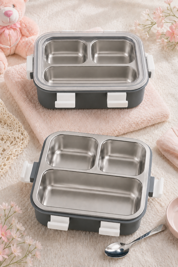 3 Compartment Stainless Steel Lunch Box with spoon | Leak Proof Easy Lock | BPA Free Food Grade Tiffin Box