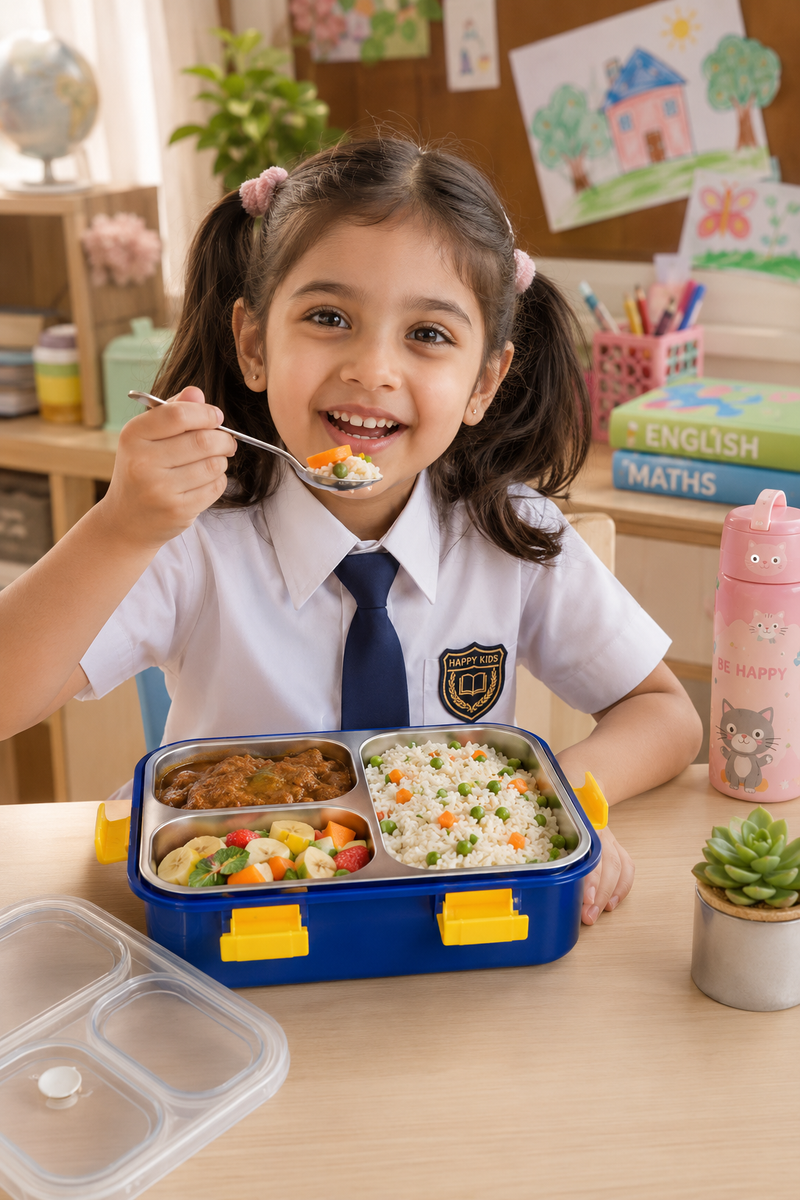 3 Compartment Stainless Steel Lunch Box with spoon | Leak Proof Easy Lock | BPA Free Food Grade Tiffin Box