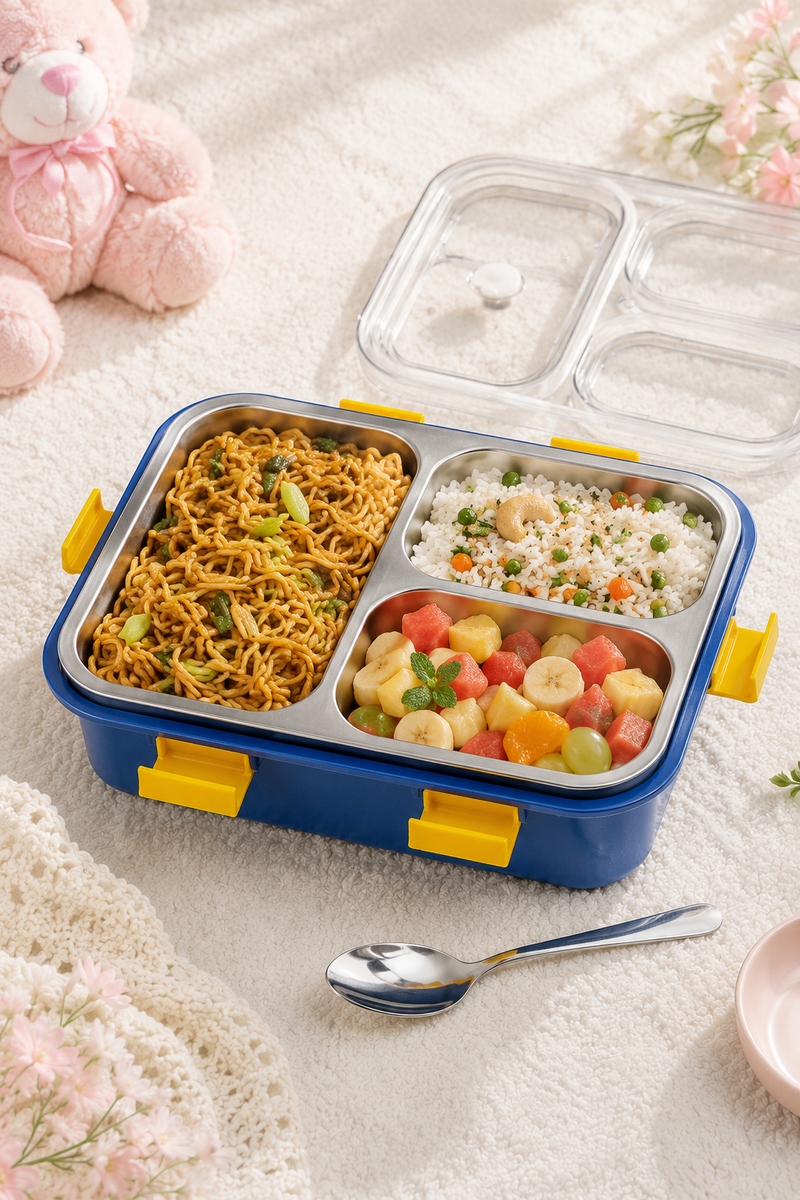 3 Compartment Stainless Steel Lunch Box with spoon | Leak Proof Easy Lock | BPA Free Food Grade Tiffin Box