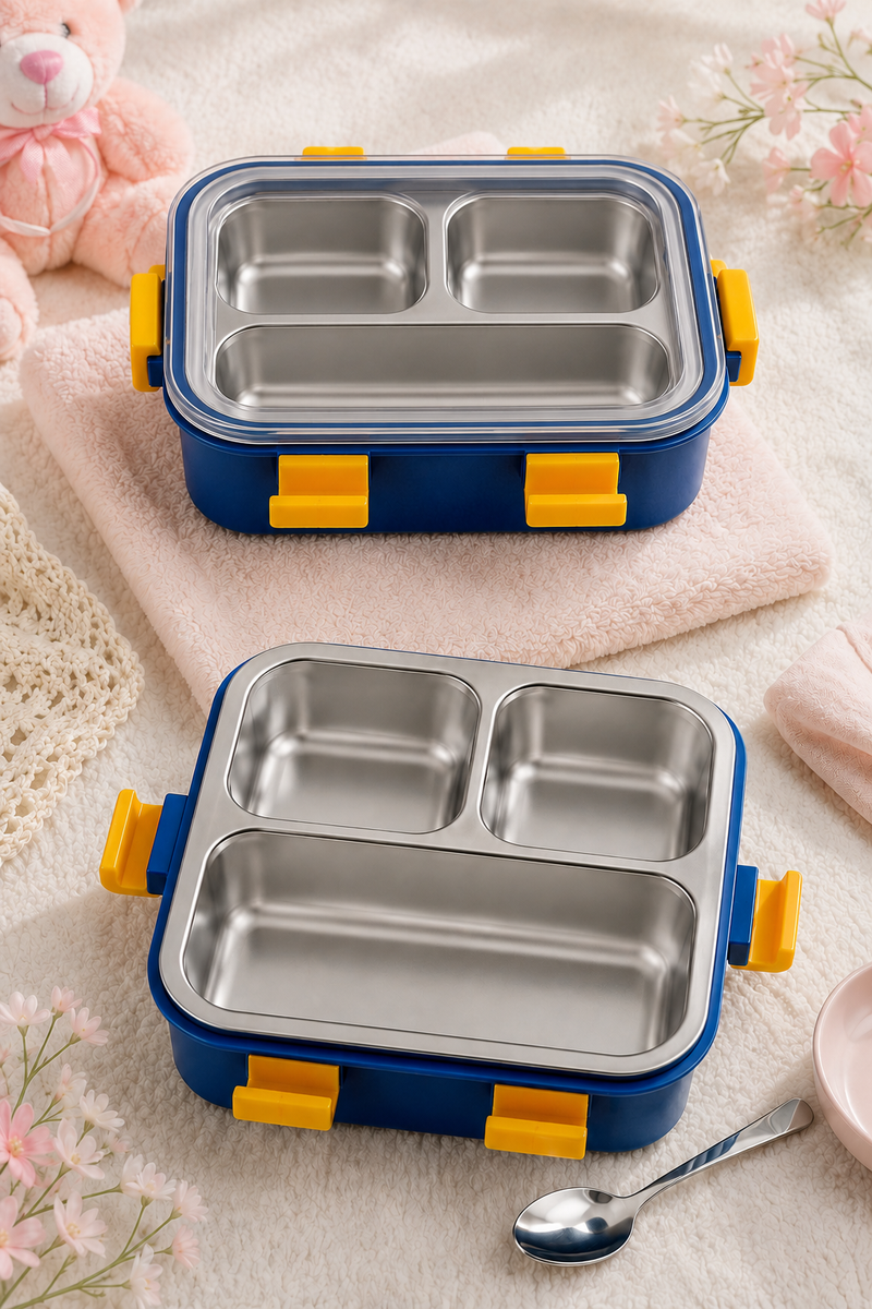 3 Compartment Stainless Steel Lunch Box with spoon | Leak Proof Easy Lock | BPA Free Food Grade Tiffin Box