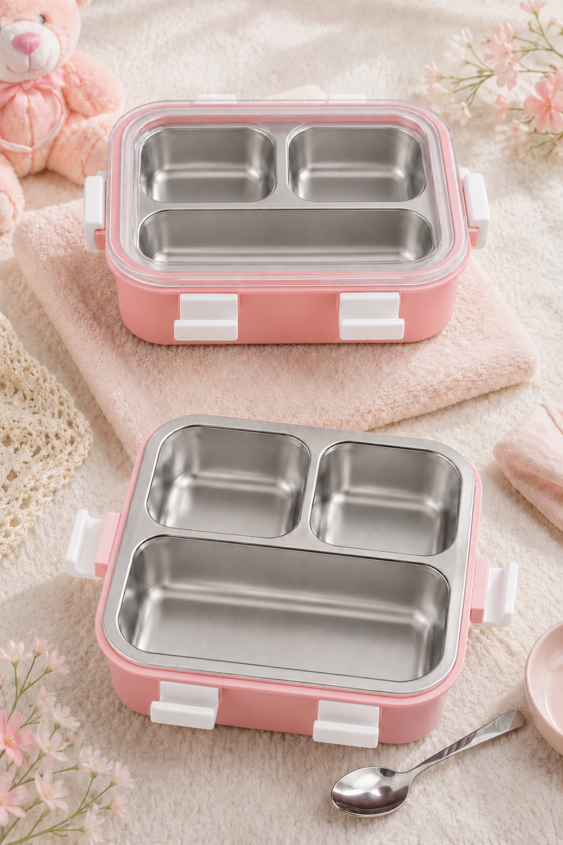 3 Compartment Stainless Steel Lunch Box with spoon | Leak Proof Easy Lock | BPA Free Food Grade Tiffin Box