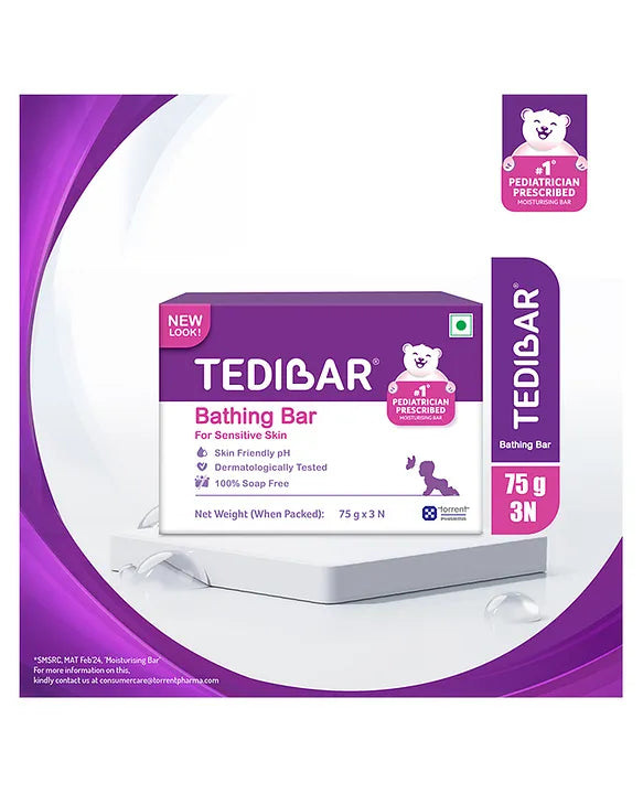 Torrent Pharma Tedibar Moisturising Baby Bathing Bar 75gx3 (Pack of 1) with Skin Friendly pH 100 Percent Soap Free Prevents Dryness & Rashes Dermatologically Tested - By