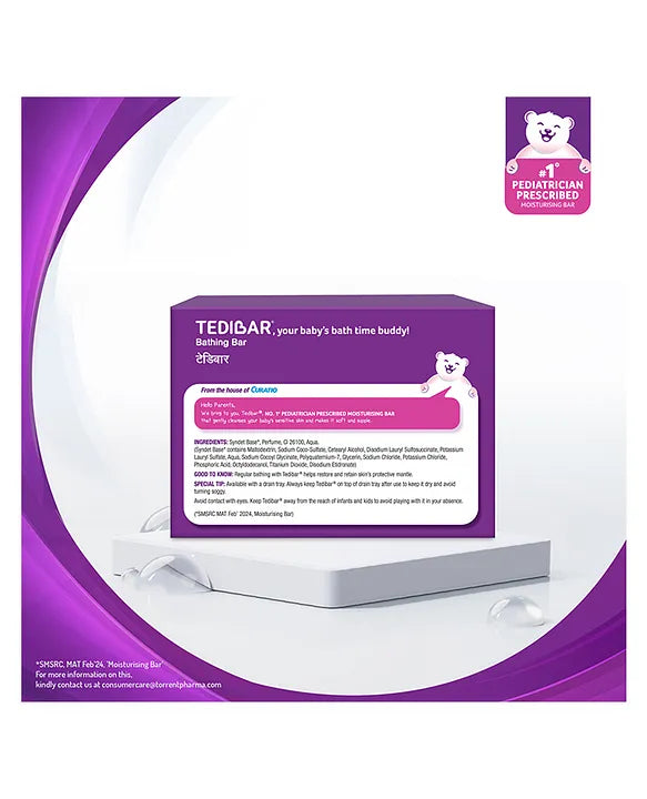 Torrent Pharma Tedibar Moisturising Baby Bathing Bar 75gx3 (Pack of 1) with Skin Friendly pH 100 Percent Soap Free Prevents Dryness & Rashes Dermatologically Tested - By
