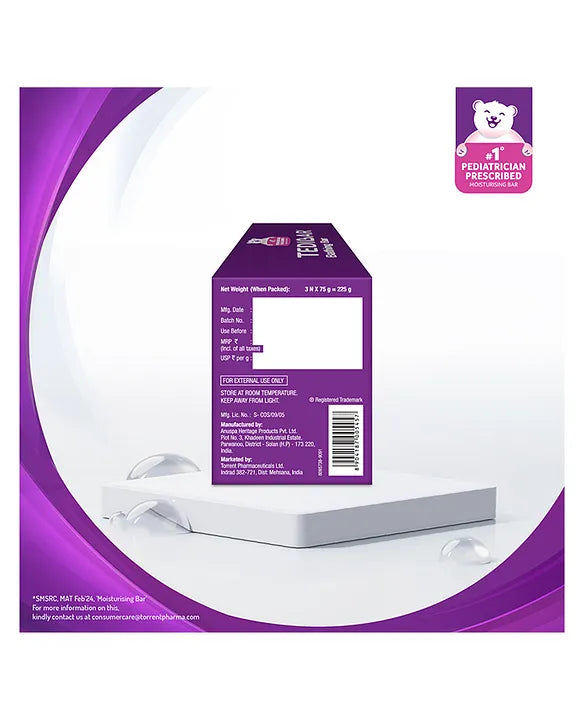 Torrent Pharma Tedibar Moisturising Baby Bathing Bar 75gx3 (Pack of 1) with Skin Friendly pH 100 Percent Soap Free Prevents Dryness & Rashes Dermatologically Tested - By