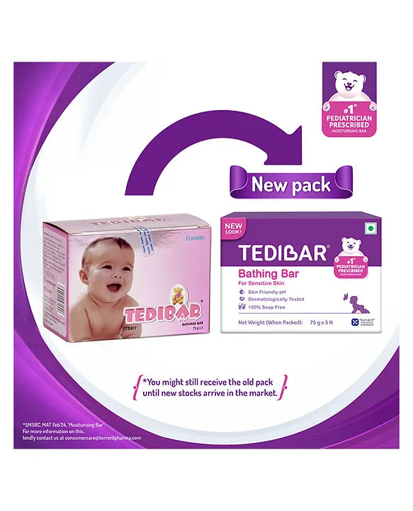 Torrent Pharma Tedibar Moisturising Baby Bathing Bar 75gx3 (Pack of 1) with Skin Friendly pH 100 Percent Soap Free Prevents Dryness & Rashes Dermatologically Tested - By