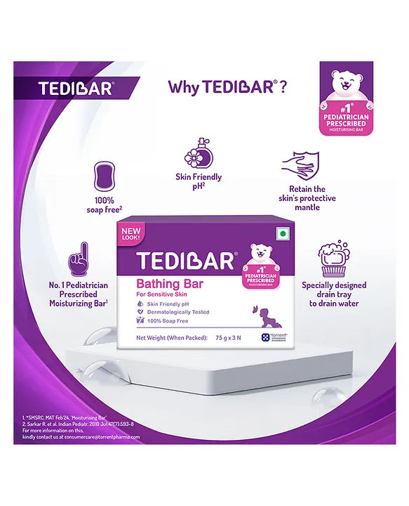 Torrent Pharma Tedibar Moisturising Baby Bathing Bar 75gx3 (Pack of 1) with Skin Friendly pH 100 Percent Soap Free Prevents Dryness & Rashes Dermatologically Tested - By