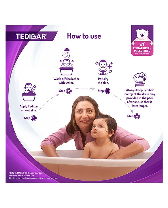 Torrent Pharma Tedibar Moisturising Baby Bathing Bar 75gx3 (Pack of 1) with Skin Friendly pH 100 Percent Soap Free Prevents Dryness & Rashes Dermatologically Tested - By