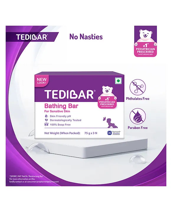 Torrent Pharma Tedibar Moisturising Baby Bathing Bar 75gx3 (Pack of 1) with Skin Friendly pH 100 Percent Soap Free Prevents Dryness & Rashes Dermatologically Tested - By