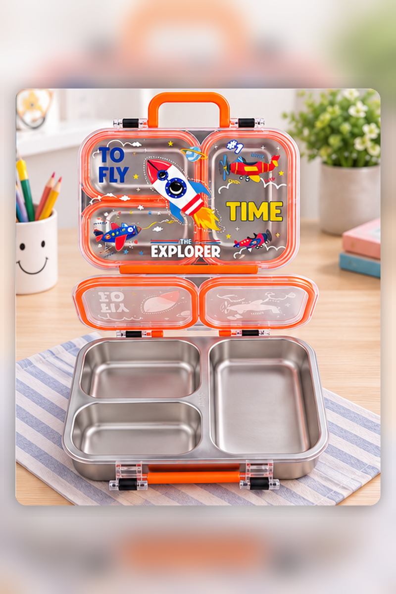 3 Compartment 750 ML Stainless Steel Lunch Box for School, 3 Compartment Leak Proof Bento Tiffin Box with Handle, SUS304 Steel Lunch Box Dinosaur Rocket