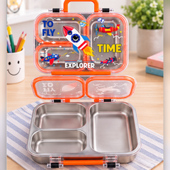 3 Compartment 750 ML Stainless Steel Lunch Box for School, 3 Compartment Leak Proof Bento Tiffin Box with Handle, SUS304 Steel Lunch Box Dinosaur Rocket