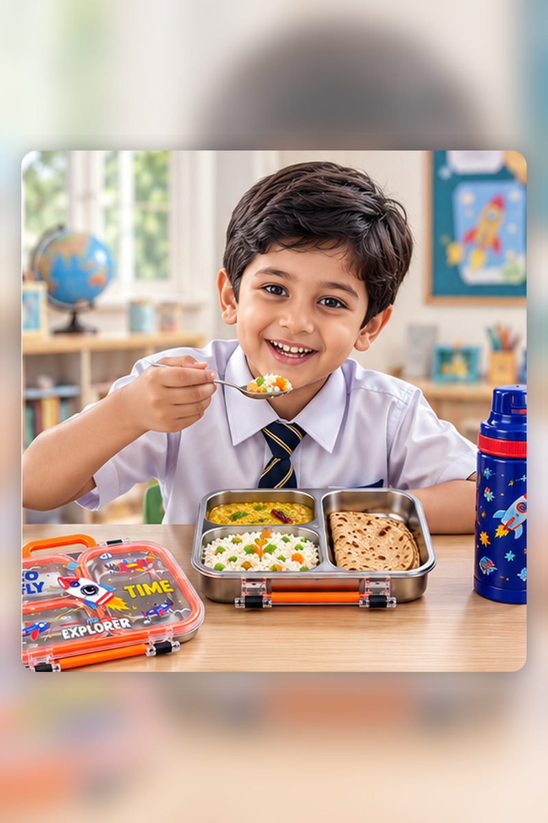 3 Compartment 750 ML Stainless Steel Lunch Box for School, 3 Compartment Leak Proof Bento Tiffin Box with Handle, SUS304 Steel Lunch Box Dinosaur Rocket