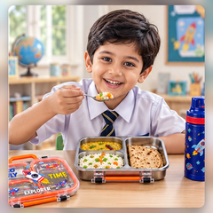 3 Compartment 750 ML Stainless Steel Lunch Box for School, 3 Compartment Leak Proof Bento Tiffin Box with Handle, SUS304 Steel Lunch Box Dinosaur Rocket