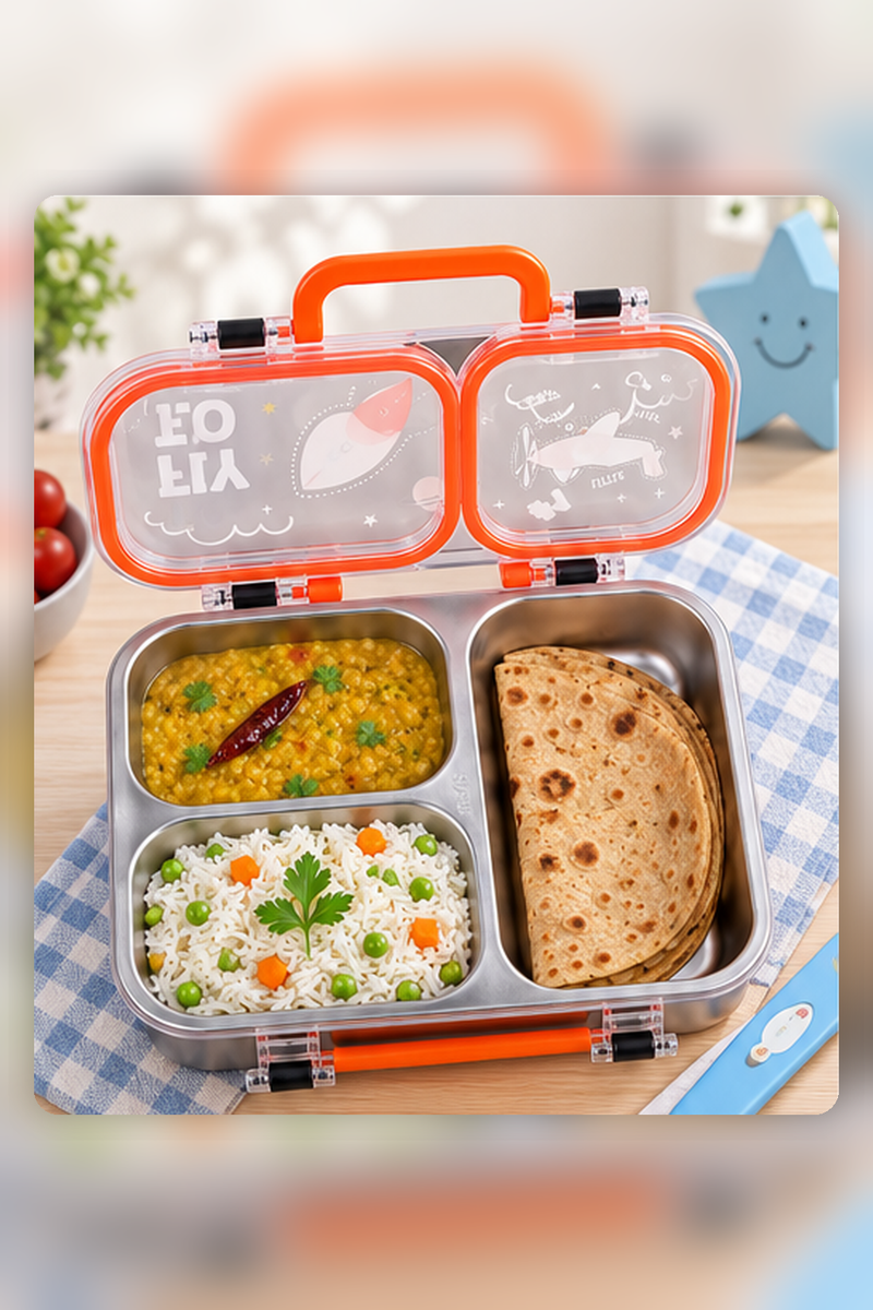 3 Compartment 750 ML Stainless Steel Lunch Box for School, 3 Compartment Leak Proof Bento Tiffin Box with Handle, SUS304 Steel Lunch Box Dinosaur Rocket