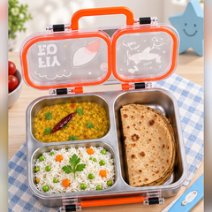 3 Compartment 750 ML Stainless Steel Lunch Box for School, 3 Compartment Leak Proof Bento Tiffin Box with Handle, SUS304 Steel Lunch Box Dinosaur Rocket
