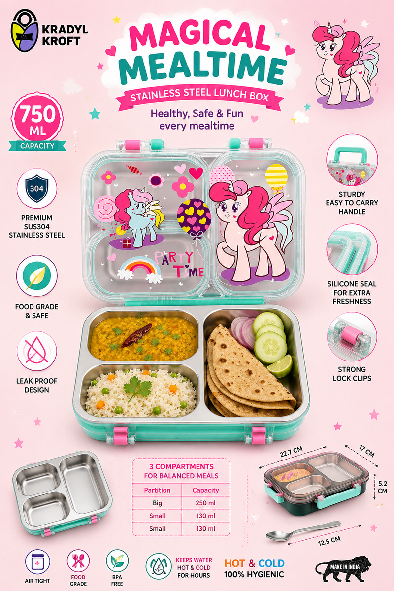 3 Compartment 750 ML Stainless Steel Lunch Box for School, 3 Compartment Leak Proof Bento Tiffin Box with Handle, SUS304 Steel Lunch Box Unicorn