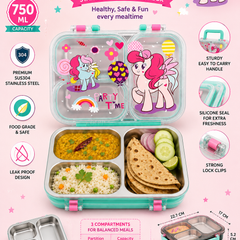 3 Compartment 750 ML Stainless Steel Lunch Box for School, 3 Compartment Leak Proof Bento Tiffin Box with Handle, SUS304 Steel Lunch Box Unicorn