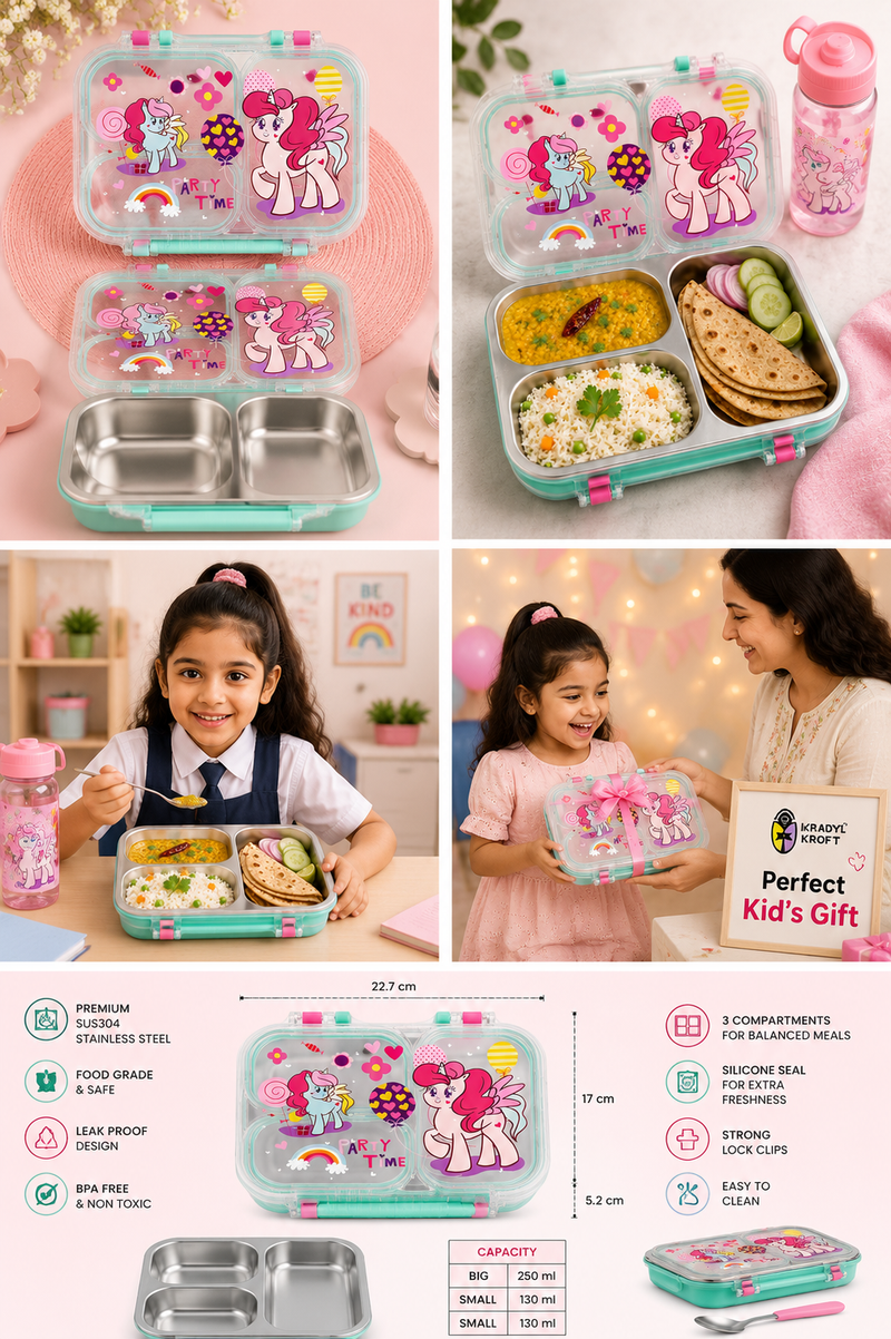 3 Compartment 750 ML Stainless Steel Lunch Box for School, 3 Compartment Leak Proof Bento Tiffin Box with Handle, SUS304 Steel Lunch Box Unicorn