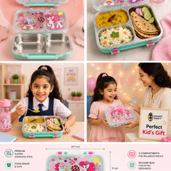 3 Compartment 750 ML Stainless Steel Lunch Box for School, 3 Compartment Leak Proof Bento Tiffin Box with Handle, SUS304 Steel Lunch Box Unicorn