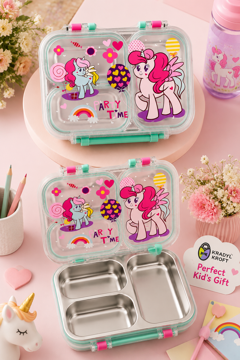 3 Compartment 750 ML Stainless Steel Lunch Box for School, 3 Compartment Leak Proof Bento Tiffin Box with Handle, SUS304 Steel Lunch Box Unicorn