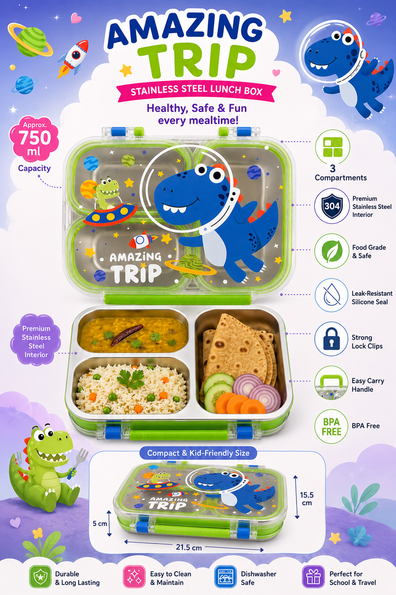3 Compartment 750 ML Stainless Steel Lunch Box for School, 3 Compartment Leak Proof Bento Tiffin Box with Handle, SUS304 Steel Lunch Box Dinosaur