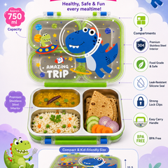 3 Compartment 750 ML Stainless Steel Lunch Box for School, 3 Compartment Leak Proof Bento Tiffin Box with Handle, SUS304 Steel Lunch Box Dinosaur