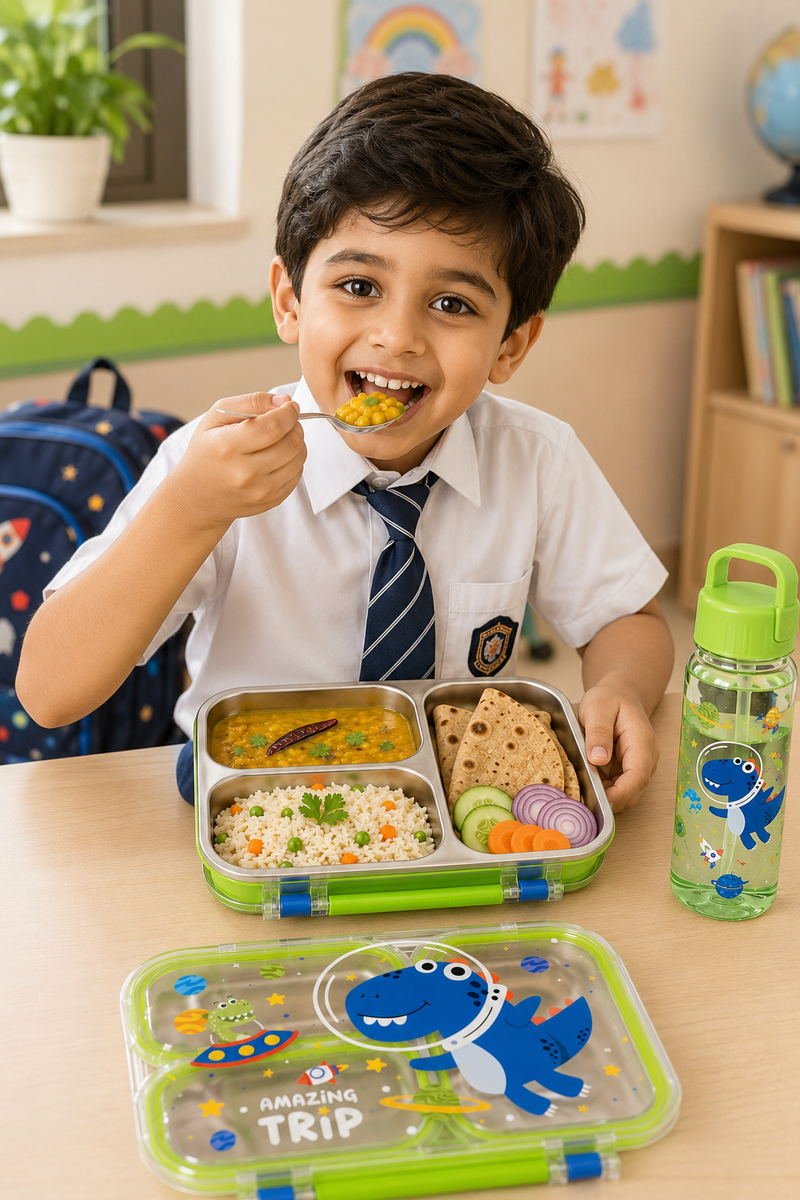 3 Compartment 750 ML Stainless Steel Lunch Box for School, 3 Compartment Leak Proof Bento Tiffin Box with Handle, SUS304 Steel Lunch Box Dinosaur