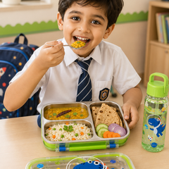 3 Compartment 750 ML Stainless Steel Lunch Box for School, 3 Compartment Leak Proof Bento Tiffin Box with Handle, SUS304 Steel Lunch Box Dinosaur