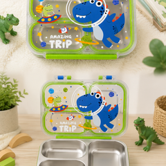 3 Compartment 750 ML Stainless Steel Lunch Box for School, 3 Compartment Leak Proof Bento Tiffin Box with Handle, SUS304 Steel Lunch Box Dinosaur