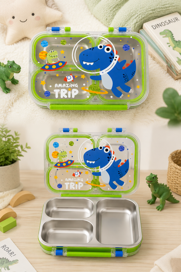 3 Compartment 750 ML Stainless Steel Lunch Box for School, 3 Compartment Leak Proof Bento Tiffin Box with Handle, SUS304 Steel Lunch Box Dinosaur
