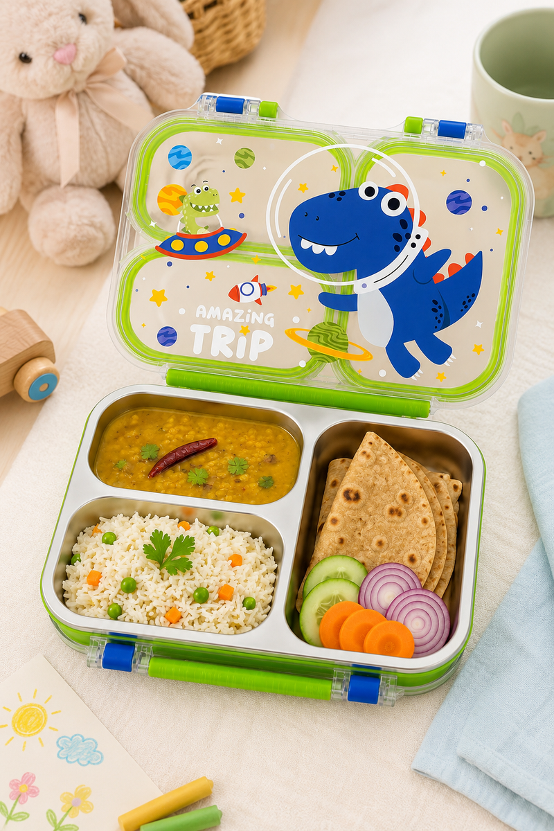3 Compartment 750 ML Stainless Steel Lunch Box for School, 3 Compartment Leak Proof Bento Tiffin Box with Handle, SUS304 Steel Lunch Box Dinosaur