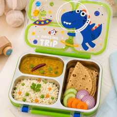 3 Compartment 750 ML Stainless Steel Lunch Box for School, 3 Compartment Leak Proof Bento Tiffin Box with Handle, SUS304 Steel Lunch Box Dinosaur