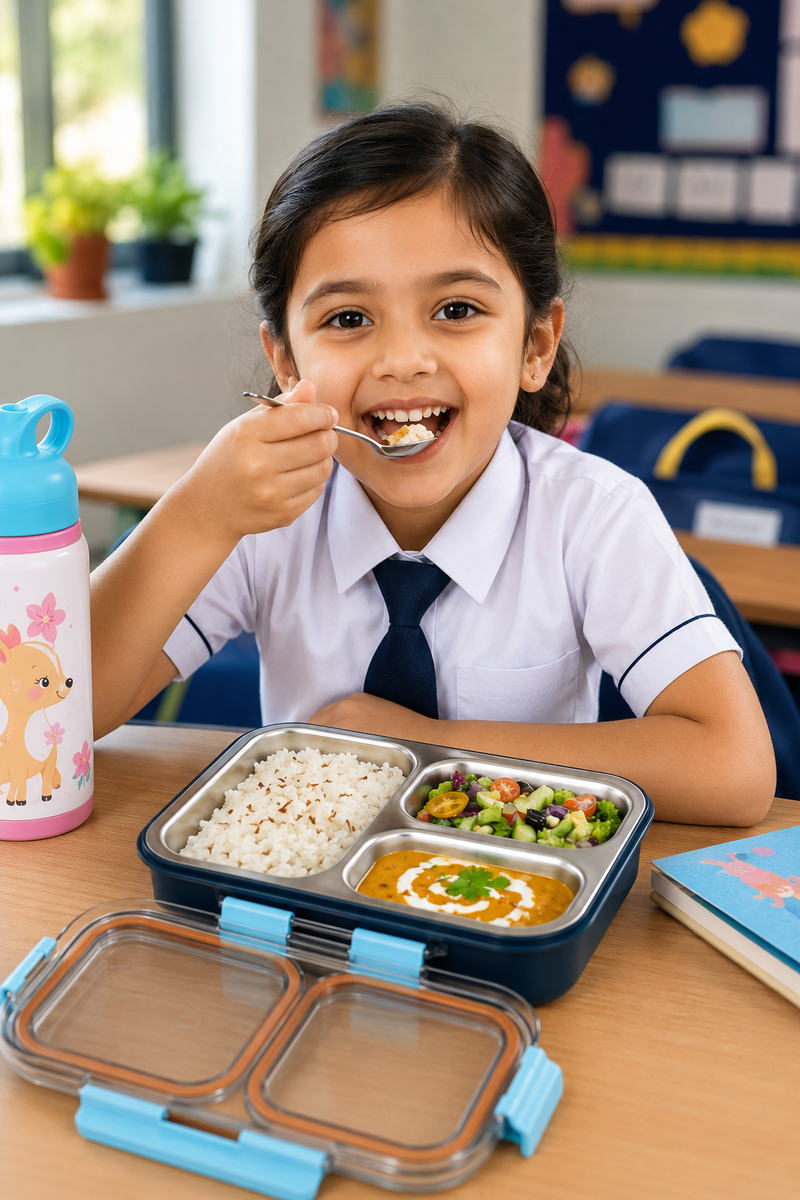 3 Compartment Stainless Steel Lunch Box with spoon | Leak Proof Easy Lock | BPA Free Food Grade Tiffin Box