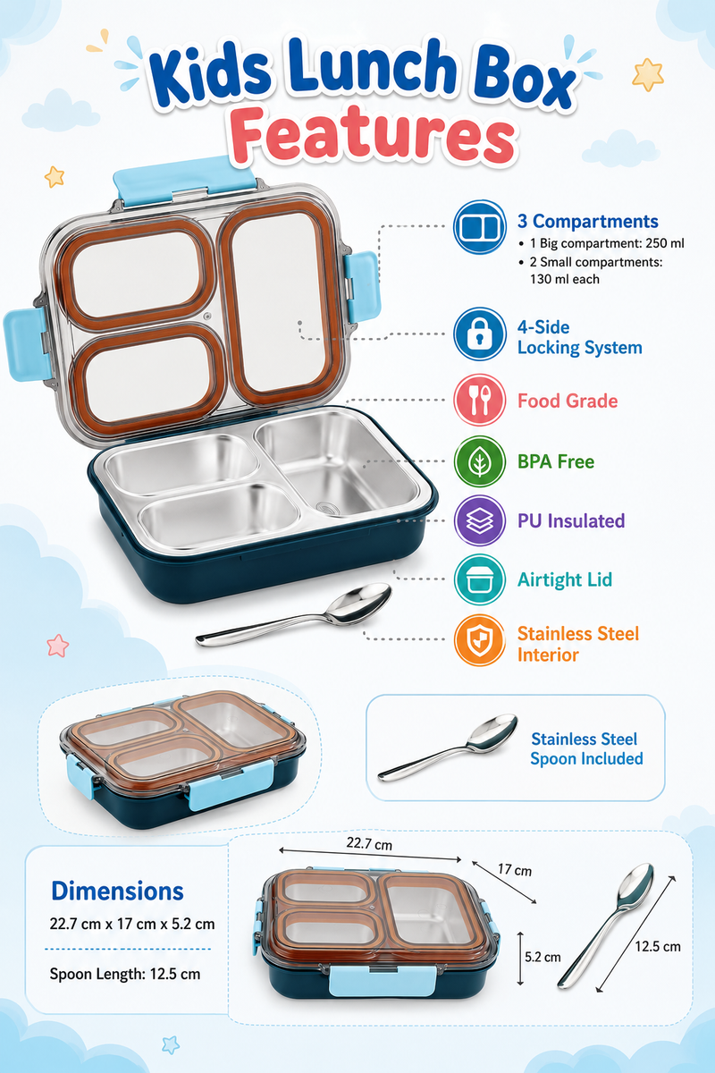 3 Compartment Stainless Steel Lunch Box with spoon | Leak Proof Easy Lock | BPA Free Food Grade Tiffin Box