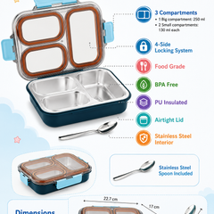 3 Compartment Stainless Steel Lunch Box with spoon | Leak Proof Easy Lock | BPA Free Food Grade Tiffin Box