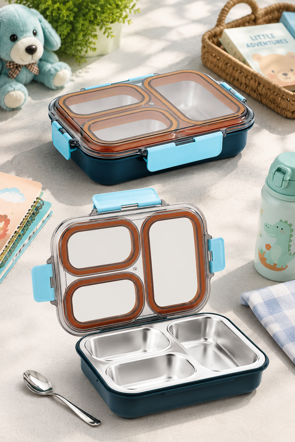 3 Compartment Stainless Steel Lunch Box with spoon | Leak Proof Easy Lock | BPA Free Food Grade Tiffin Box