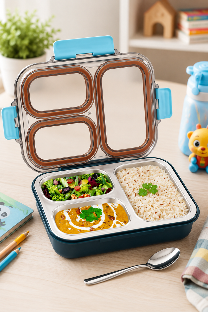 3 Compartment Stainless Steel Lunch Box with spoon | Leak Proof Easy Lock | BPA Free Food Grade Tiffin Box