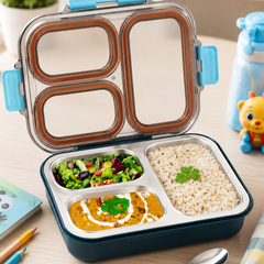 3 Compartment Stainless Steel Lunch Box with spoon | Leak Proof Easy Lock | BPA Free Food Grade Tiffin Box
