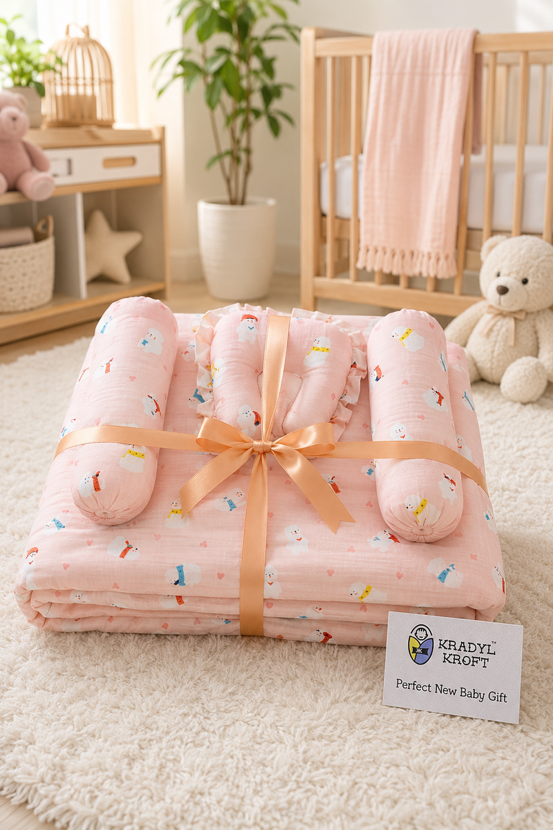 4 Pcs Muslin Bedding Set for 0 to 6 Months - Peach Bear
