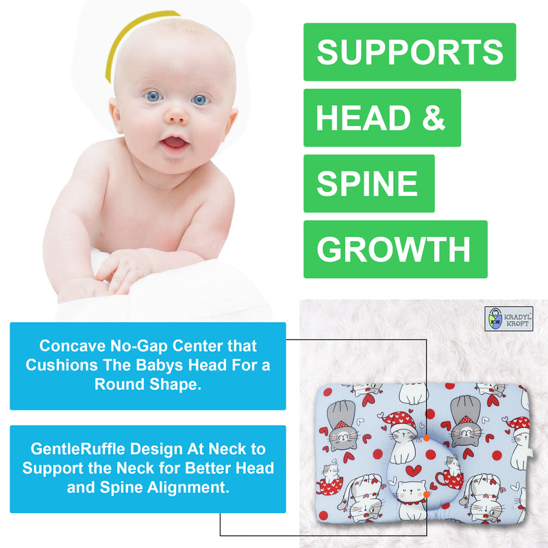 Kradyl Kroft Baby Head Shaping Pillow with 100% Cotton Removable Cover | New Born Pillow for Flat Head Prevention - Happy Cats