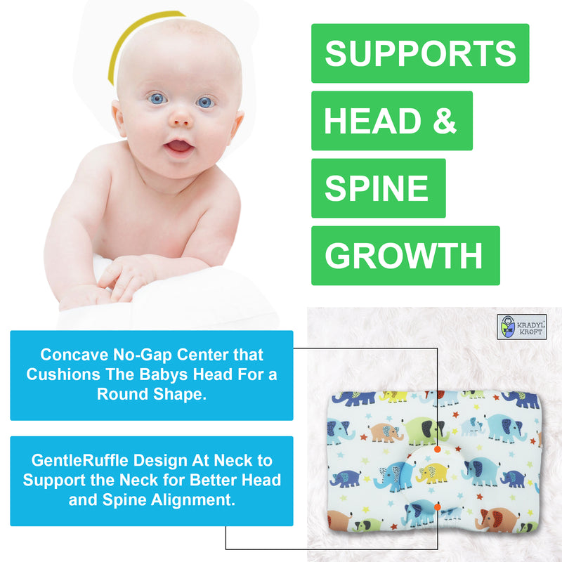 Kradyl Kroft Baby Head Shaping Pillow with 100% Cotton Removable Cover | New Born Pillow for Flat Head Prevention - Cute Ellis