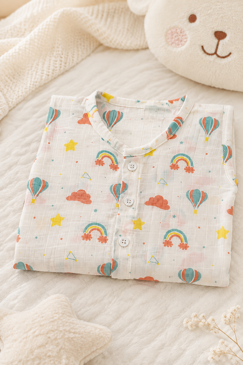 1 Pc Sleeveless 90 GSM Checkered Muslin Jhabla Vest - Balloons