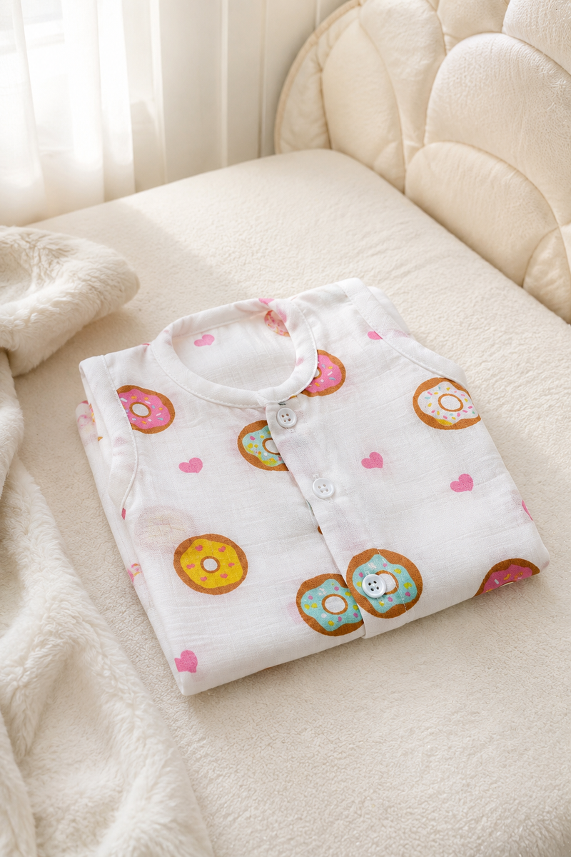 1 Pc Sleeveless 90 GSM Checkered Muslin Jhabla Vest - Donuts