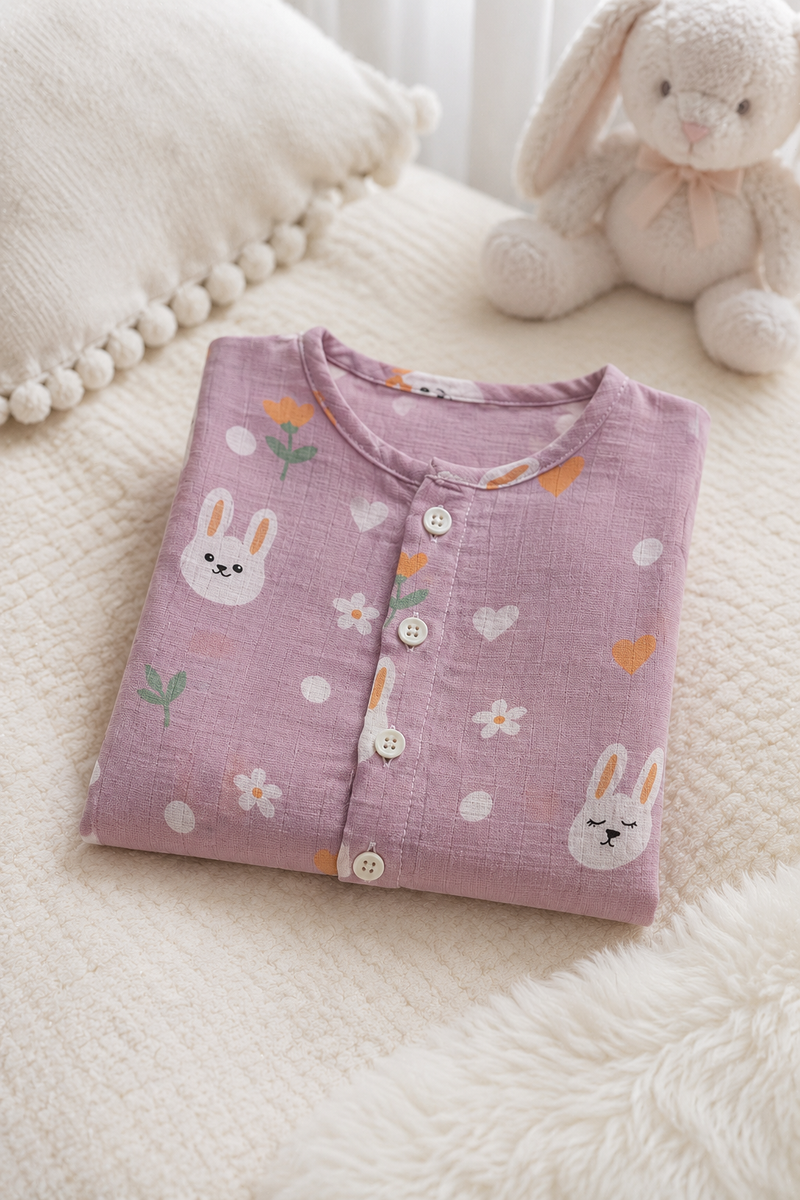 1 Pc Sleeveless 90 GSM Checkered Muslin Jhabla Vest - Pink Bunny