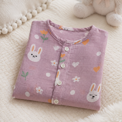 1 Pc Sleeveless 90 GSM Checkered Muslin Jhabla Vest - Pink Bunny
