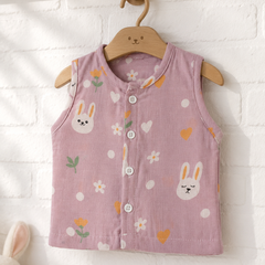 1 Pc Sleeveless 90 GSM Checkered Muslin Jhabla Vest - Pink Bunny