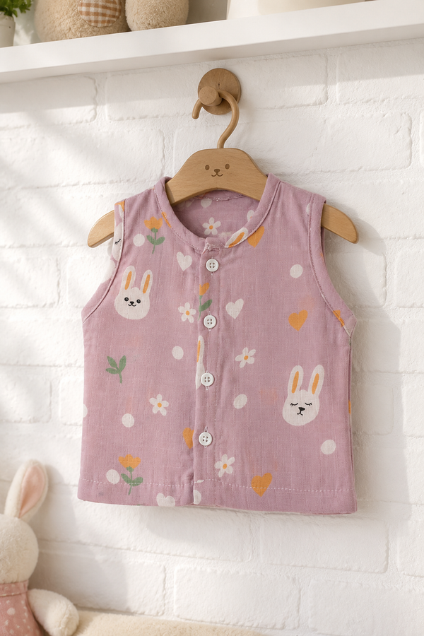 1 Pc Sleeveless 90 GSM Checkered Muslin Jhabla Vest - Pink Bunny