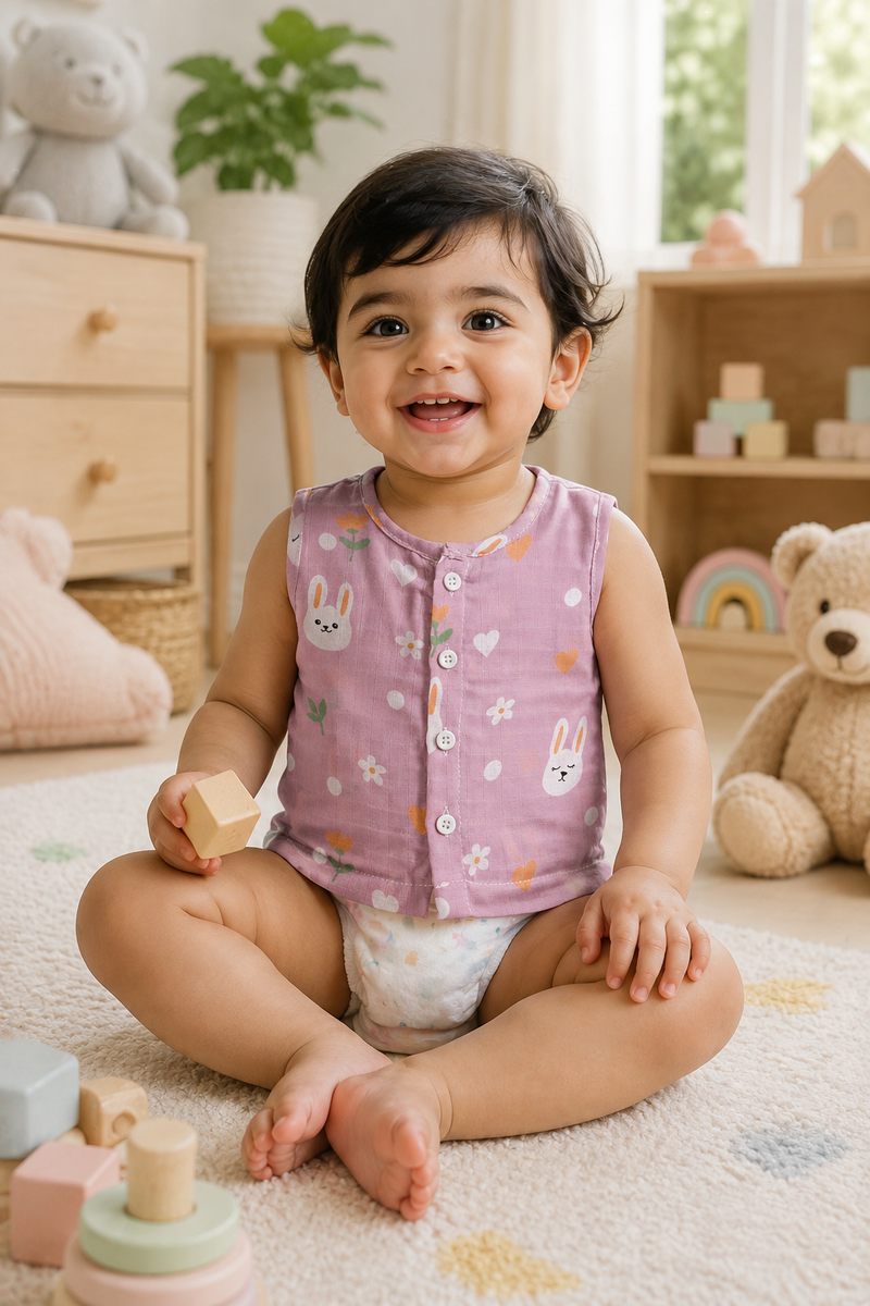 1 Pc Sleeveless 90 GSM Checkered Muslin Jhabla Vest - Pink Bunny