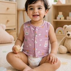 1 Pc Sleeveless 90 GSM Checkered Muslin Jhabla Vest - Pink Bunny