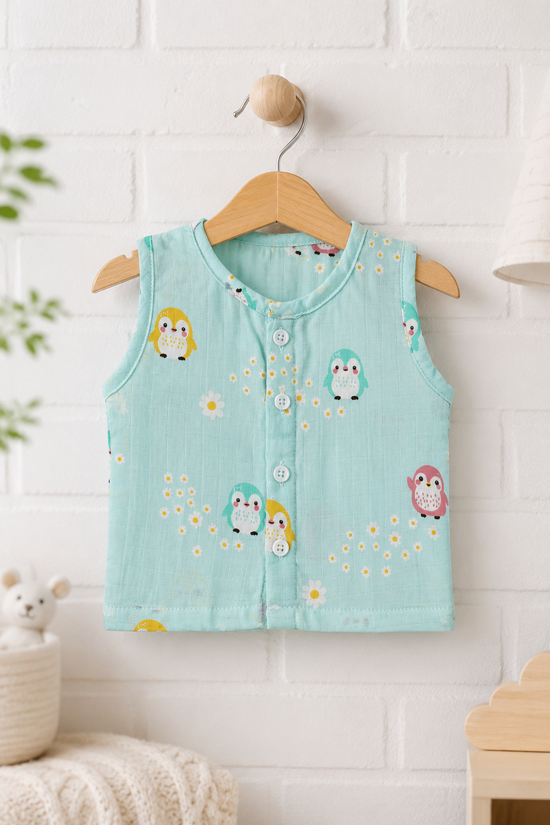 1 Pc Sleeveless 90 GSM Checkered Muslin Jhabla Vest - Blue Penguin