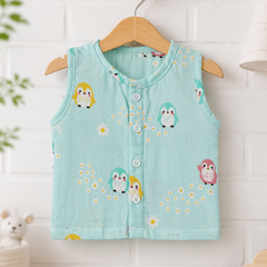 1 Pc Sleeveless 90 GSM Checkered Muslin Jhabla Vest - Blue Penguin